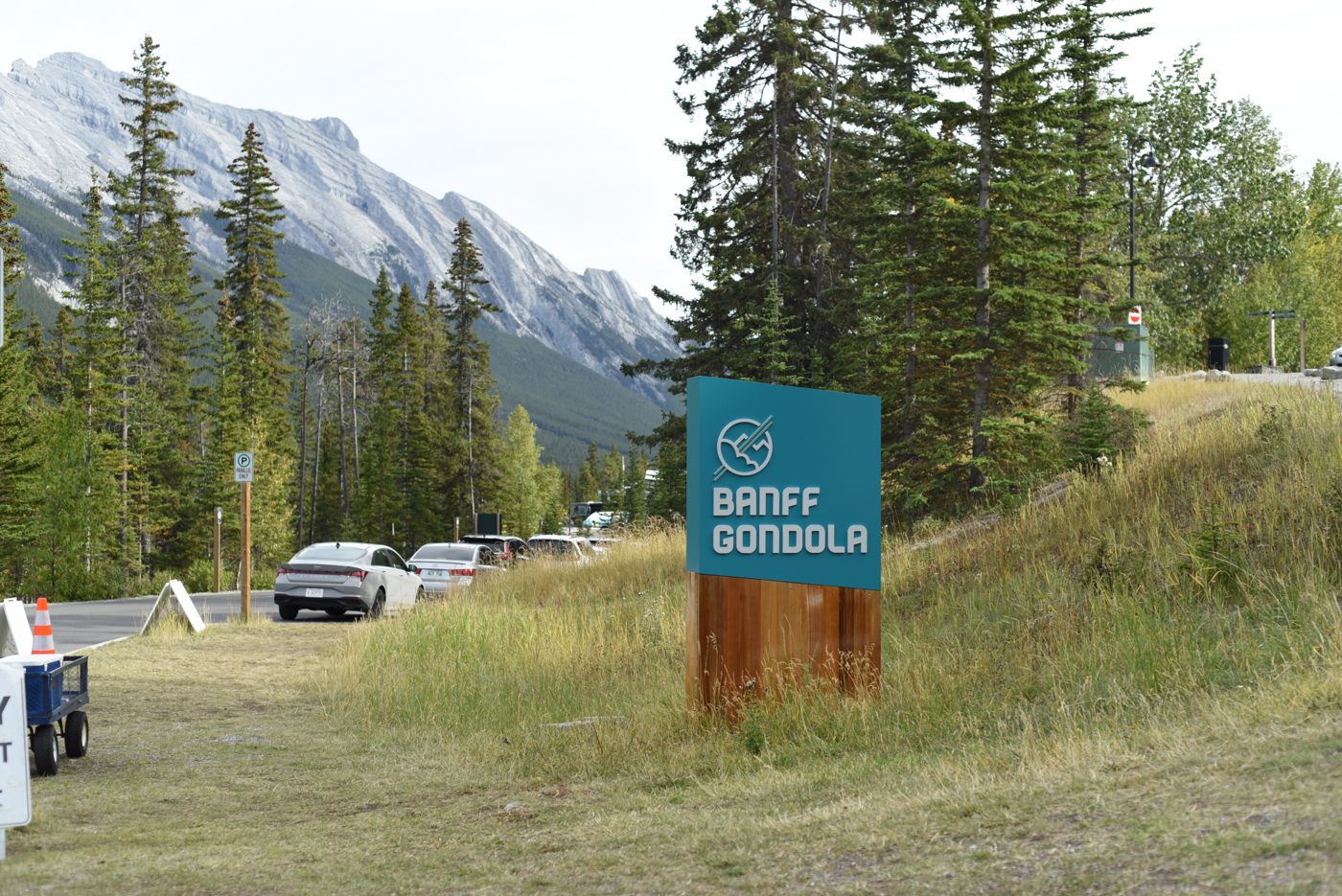 Gondola cabins on the Sulphur Mountain lift line above Banff